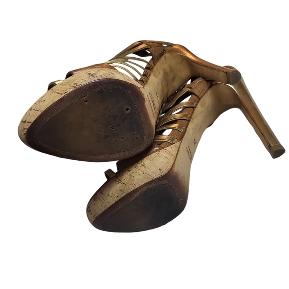 Miu Miu Platform Strappy Brown/ Gold Heels Sandals 39/8.5 Authentic leather - Picture 9 of 16